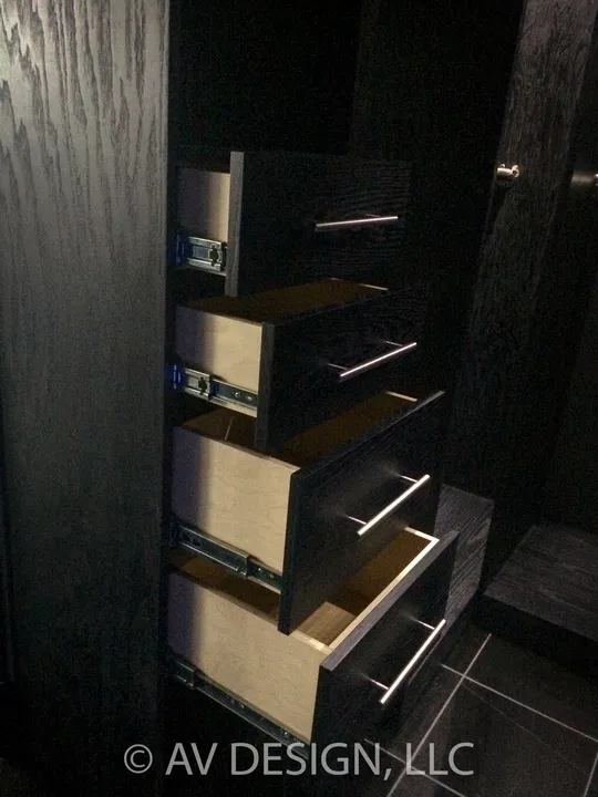 Dark oak pull-out drawers with chrome handles