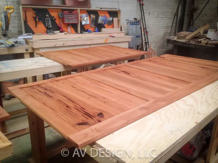 Reclaimed pine dining table with a framed top, built in our shop